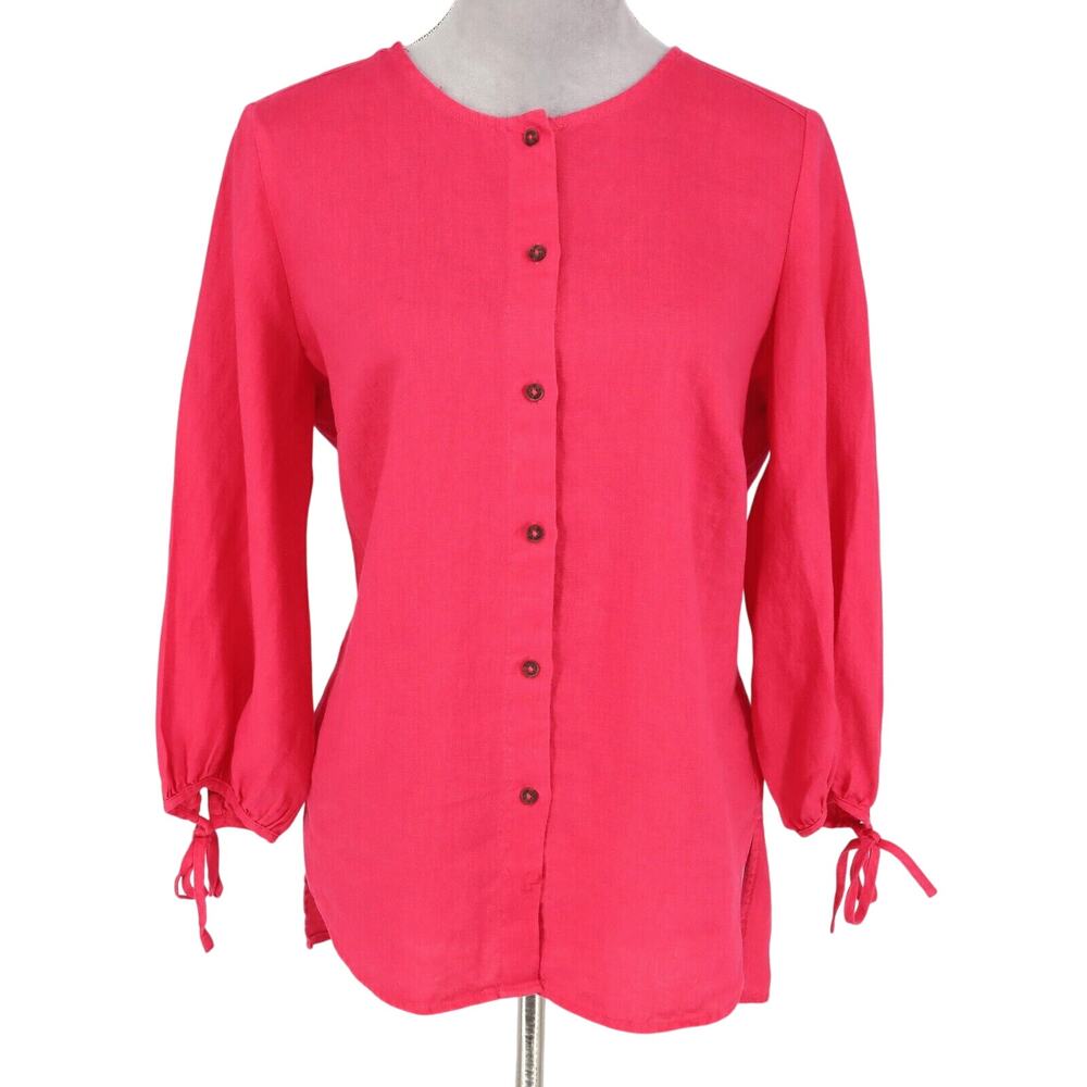 Ellen Tracy Top Womens Medium Pink Linen Blouse Buttons Bows at Cuffs